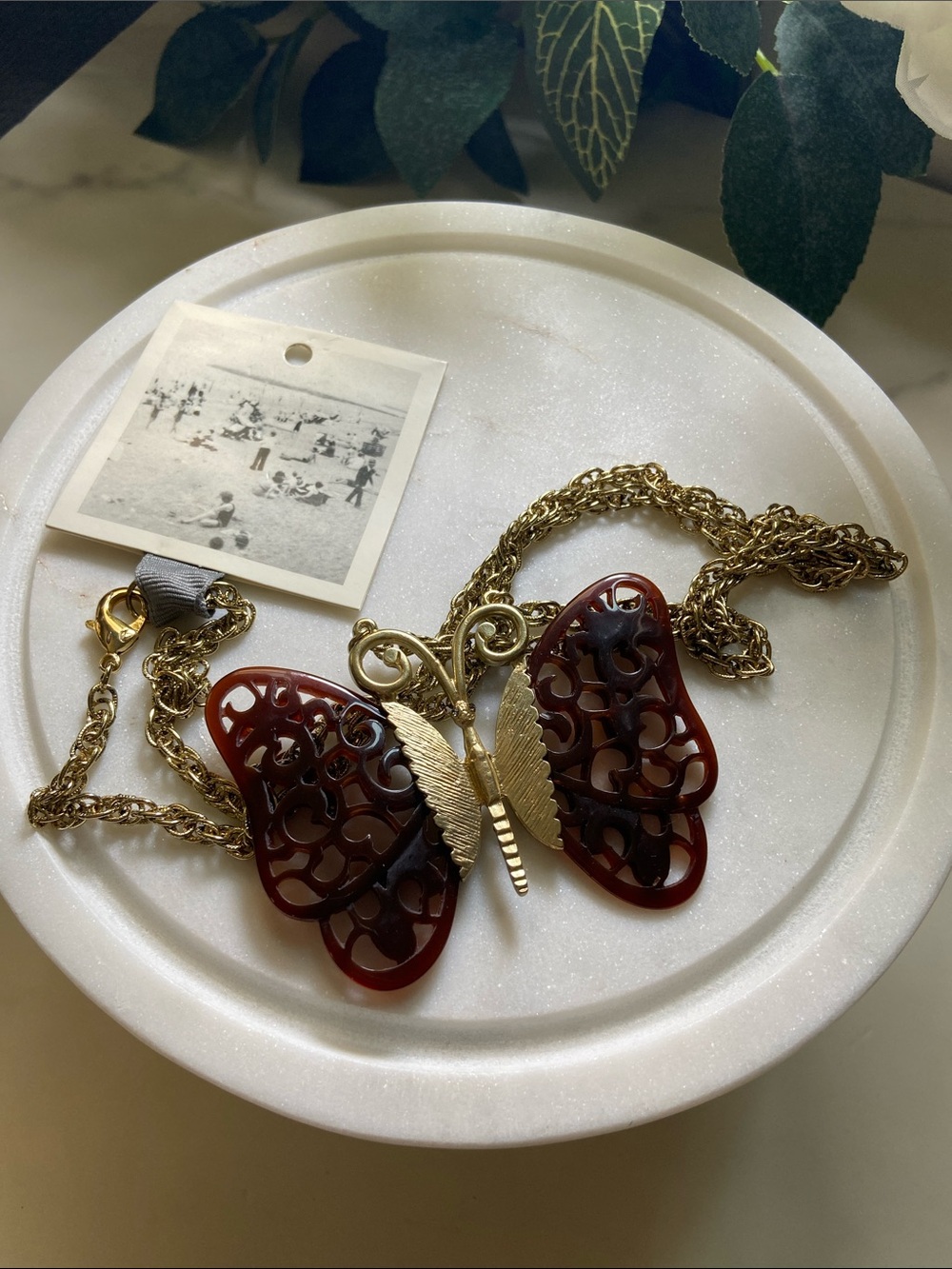 Anthropologie Gold and Black Filigree Butterfly Pendant Necklace